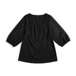 Talbots Plus 3X Navy Blue Blouse Eyelet Lace Balloon Sleeves Scoop Neck